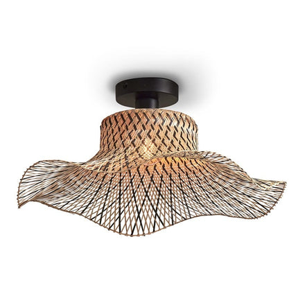 Plafonnier Ibiza Wavy vu de face, abat-jour en bambou tressé ondulé noir et naturel 50 cm