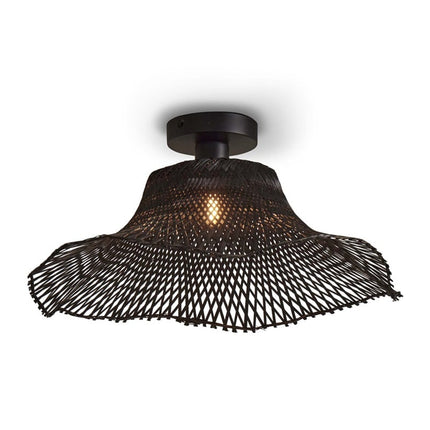 Product shot of the Ibiza Wavy ceiling light, black woven bamboo lampshade with wavy edge, on white background