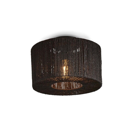 Iguazu ceiling light in braided black jute, cylindrical straight shape of 30 cm, on white background