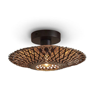 Plafonnier Kalimantan en bambou tressé noir et naturel, fixation plafond en métal noir, diamètre 30 cm