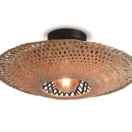Plafonnier Kalimantan en bambou tressé noir et naturel, 60 cm, vu de dessous avec ampoule E27 allumée, fond blanc