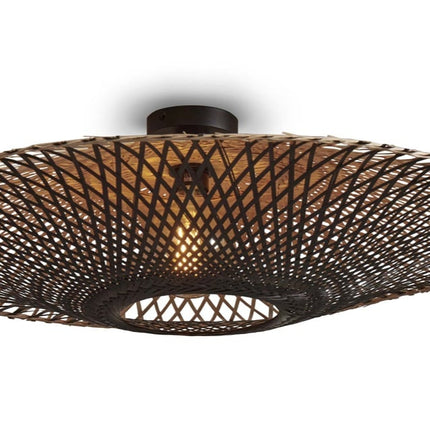 Vue d'ensemble du plafonnier Kalimantan en bambou tressé noir et naturel, diamètre 87 cm, monté au plafond