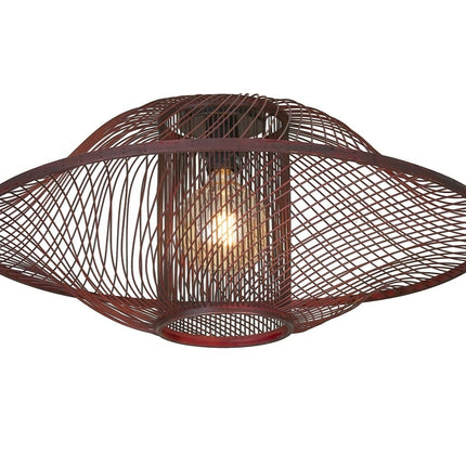 Plafonnier Maui en bambou tressé bordeaux 70 cm, packshot sur fond blanc avec ampoule E27 allumée