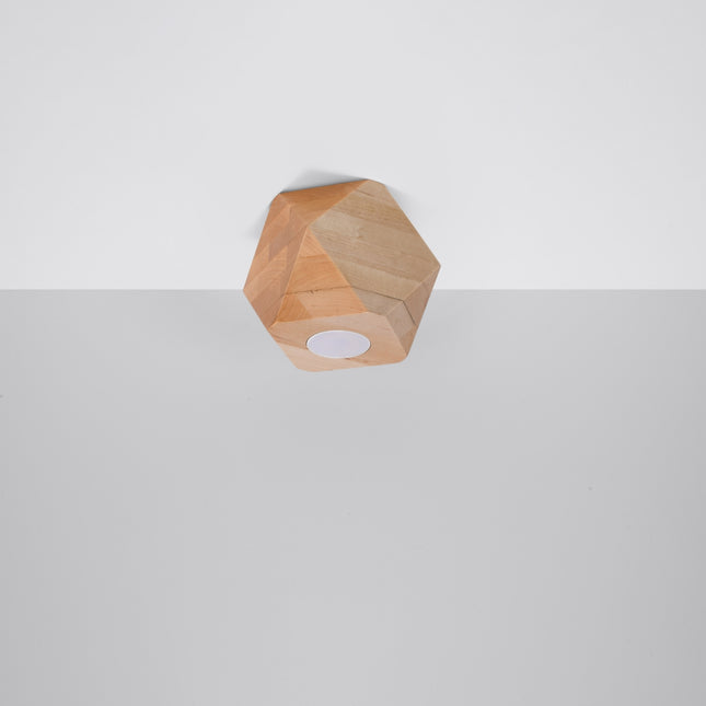 Plafonnier Multi-Facettes 1 spot bois naturel fixé au plafond, design géométrique à facettes