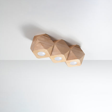 Plafonnier Multi-Facettes 3 spots bois naturel fixé au plafond, design géométrique en enfilade