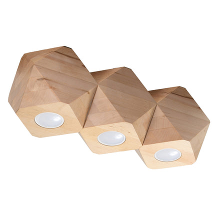 Plafonnier Multi-Facettes 3 spots en bois naturel, trois volumes géométriques facettés, vue packshot