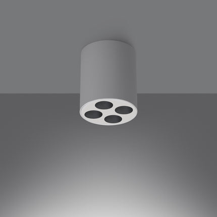 Plafonnier cylindrique blanc quatre spots LED, vue de trois quarts montrant le fini aluminium mat