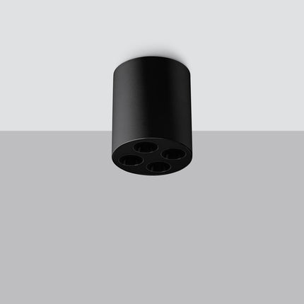 Plafonnier multi-spot noir en aluminium fixé au plafond, quatre foyers LED orientables, vue de face