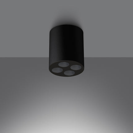 Plafonnier cylindrique noir quatre spots LED, vue de trois quarts montrant le fini aluminium mat