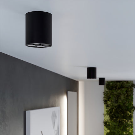 Schéma des dimensions du plafonnier multi-spot noir, hauteur et diamètre du boîtier aluminium