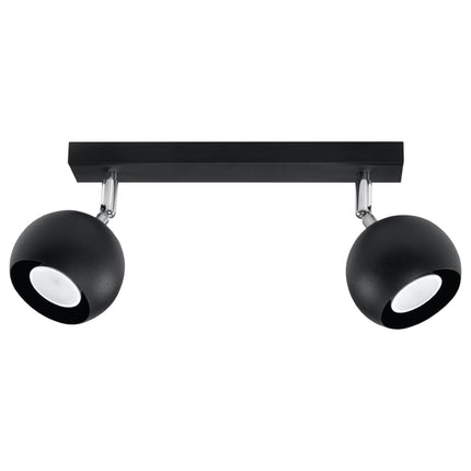 Plafonnier oculaire 2 spots orientables noir en acier, vue de face sur fond neutre