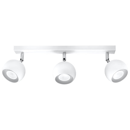 Plafonnier oculaire 3 spots orientables blanc en acier, vue de face sur fond neutre