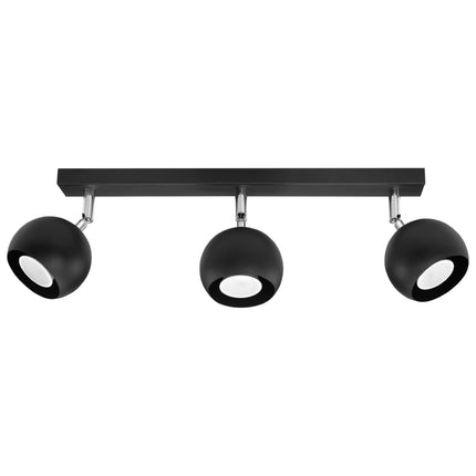 Plafonnier oculaire 3 spots orientables noir en acier, vue de face sur fond neutre