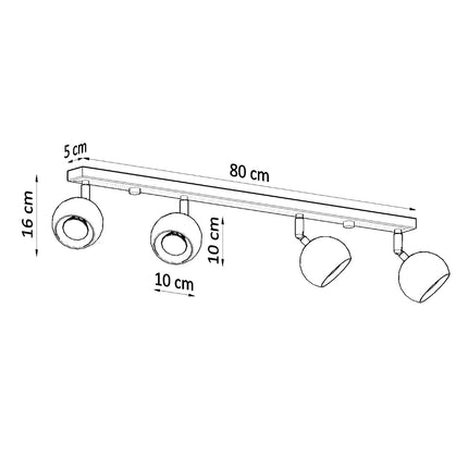 Schéma des dimensions du plafonnier oculaire 4 spots orientables barre blanc