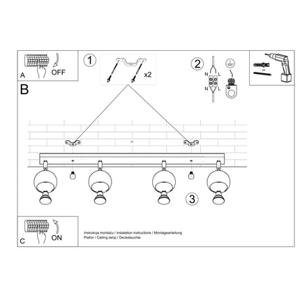 Plafonnier oculaire 4 spots orientables barre noir diffusant une lumière directionnelle