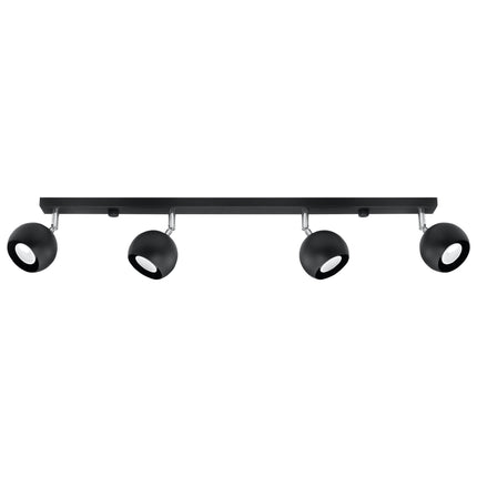 Plafonnier oculaire 4 spots orientables barre noir en acier, vue de face sur fond neutre
