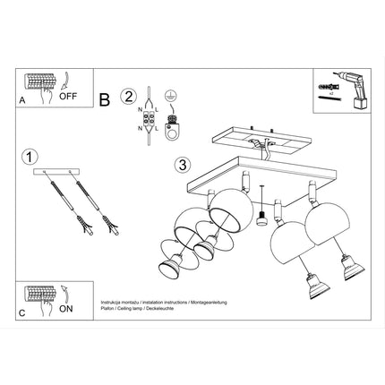 Plafonnier oculaire 4 spots orientables carré blanc diffusant une lumière directionnelle