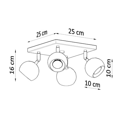 Schéma des dimensions du plafonnier oculaire 4 spots orientables carré blanc
