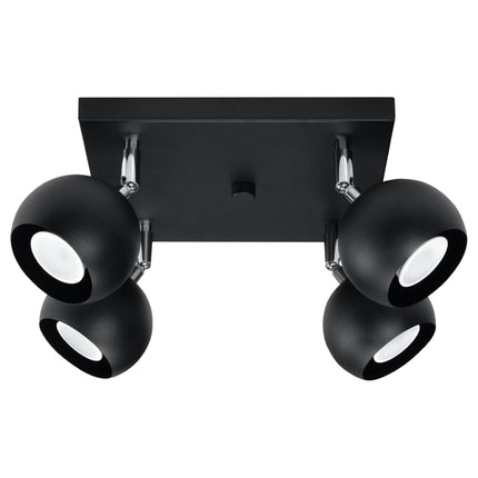 Plafonnier oculaire 4 spots orientables carré noir en acier, vue de face sur fond neutre