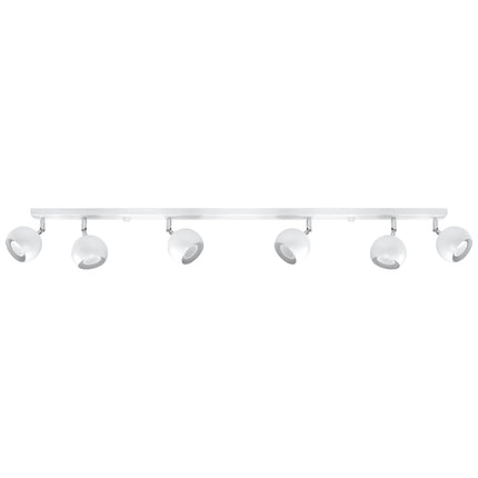 Plafonnier oculaire 6 spots orientables blanc en acier, vue de face sur fond neutre