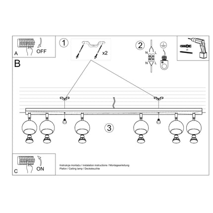 Plafonnier oculaire 6 spots orientables noir diffusant une lumière directionnelle