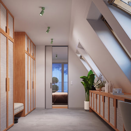 Plafonnier Oslo 1 spot orientable vert sauge dans une pièce à vivre