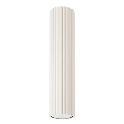 Plafonnier Oslo 30 beige vu de face, cylindre en aluminium cannelé installé au plafond