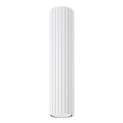 Plafonnier Oslo 30 blanc vu de face, cylindre en aluminium cannelé installé au plafond