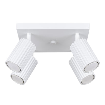 Plafonnier Oslo 4 en aluminium blanc, vue de face avec ses quatre spots orientables texturés nervurés