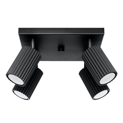 Plafonnier Oslo 4 en aluminium noir mat, vue de face avec ses quatre spots orientables nervurés