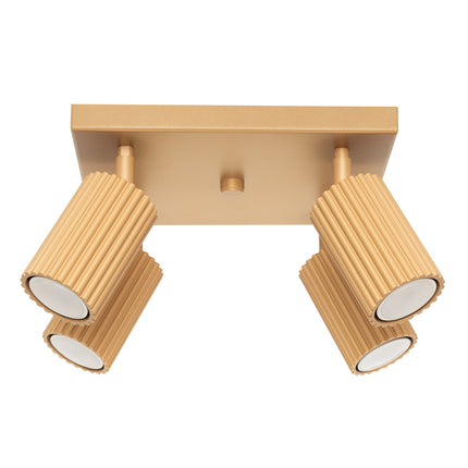 Plafonnier Oslo 4 en aluminium or satiné, vue de face avec ses quatre spots orientables nervurés