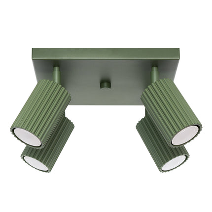 Plafonnier Oslo 4 en aluminium vert olive, vue de face avec ses quatre spots orientables nervurés