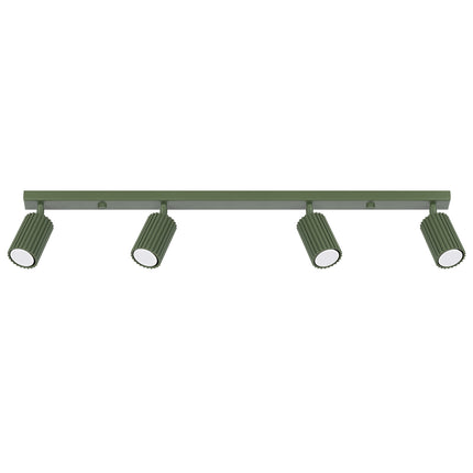 Plafonnier Oslo 4 lumières vert, barre en aluminium avec quatre spots orientables, design japandi épuré.