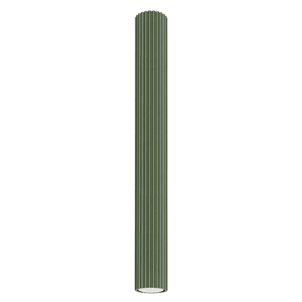 Plafonnier Oslo 60 vert olive, colonne cannelée en aluminium sur fond blanc, vue de face