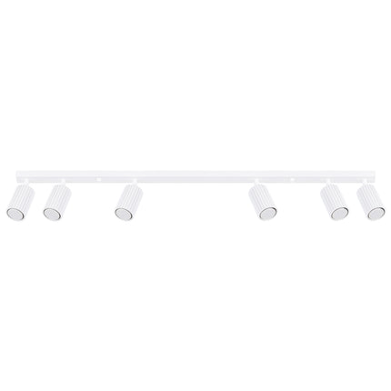 Plafonnier Oslo 6 spots blanc, vue d'ensemble du plafonnier sur fond blanc, barre nervurée et six spots alignés