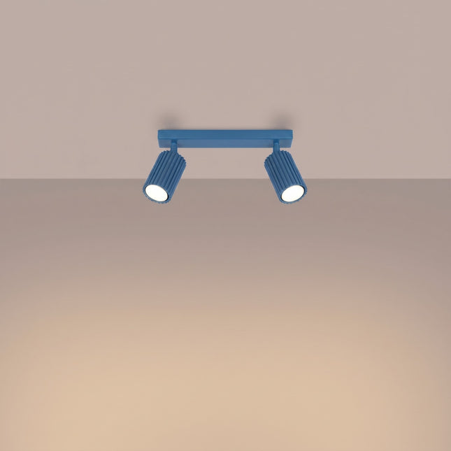 Plafonnier Oslo barre 2 spots orientables 30 cm bleu ciel, lumière allumée