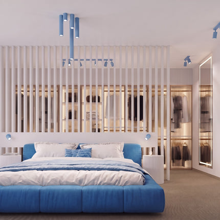 Plafonnier Oslo barre 2 spots orientables 30 cm bleu ciel dans une pièce à vivre