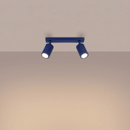 Plafonnier Oslo barre 2 spots orientables 30 cm bleu outremer, lumière allumée