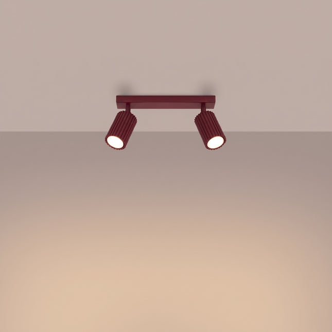 Plafonnier Oslo barre 2 spots orientables 30 cm bordeaux, lumière allumée