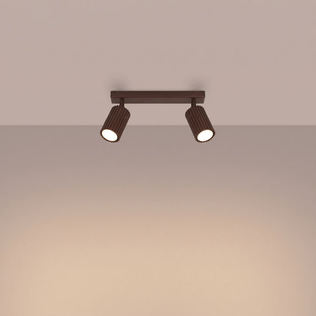 Plafonnier Oslo barre 2 spots orientables 30 cm brun chocolat, lumière allumée