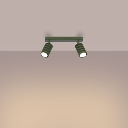 Plafonnier Oslo barre 2 spots orientables 30 cm vert olive, lumière allumée