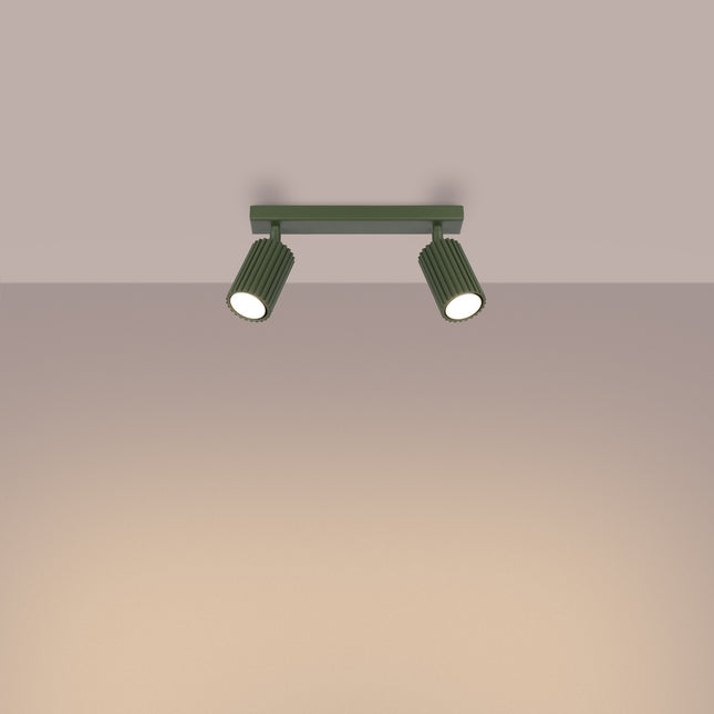 Plafonnier Oslo barre 2 spots orientables 30 cm vert olive, lumière allumée
