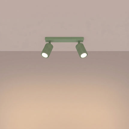 Plafonnier Oslo barre 2 spots orientables 30 cm vert sauge, lumière allumée
