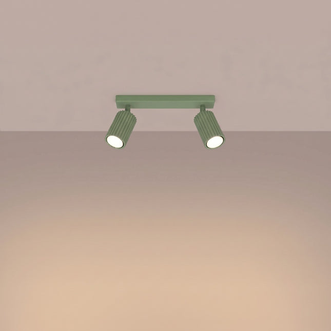Plafonnier Oslo barre 2 spots orientables 30 cm vert sauge, lumière allumée