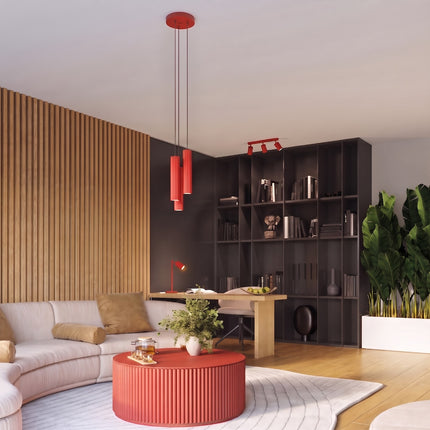 Plafonnier Oslo barre 3 spots orientables 45 cm rouge vif au-dessus d'un plan de travail