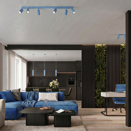 Plafonnier Oslo barre 4 spots orientables 81 cm bleu azur, vue d'ambiance