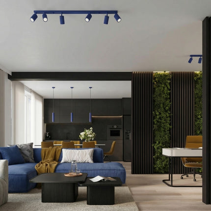 Plafonnier Oslo Barre 4 Spots Orientables 81 cm en Aluminium Bleu Outremer, mise en situation