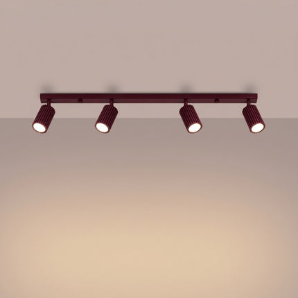 Plafonnier Oslo Barre 4 Spots Orientables 81 cm en Aluminium Bordeaux, lumière allumée