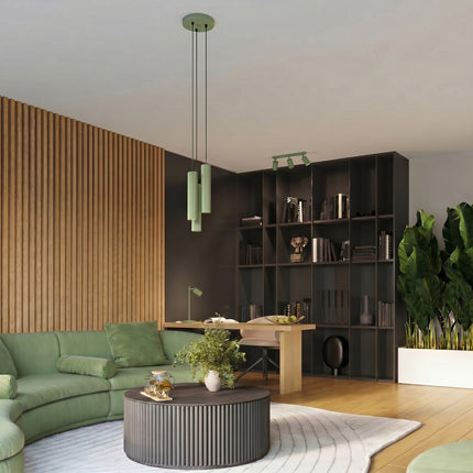 Plafonnier Oslo Barre 4 Spots Orientables 81 cm en Aluminium Vert Sauge, mise en situation 2
