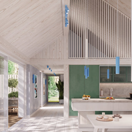 Plafonnier Oslo barre 6 spots orientables 117 cm bleu ciel dans une pièce à vivre